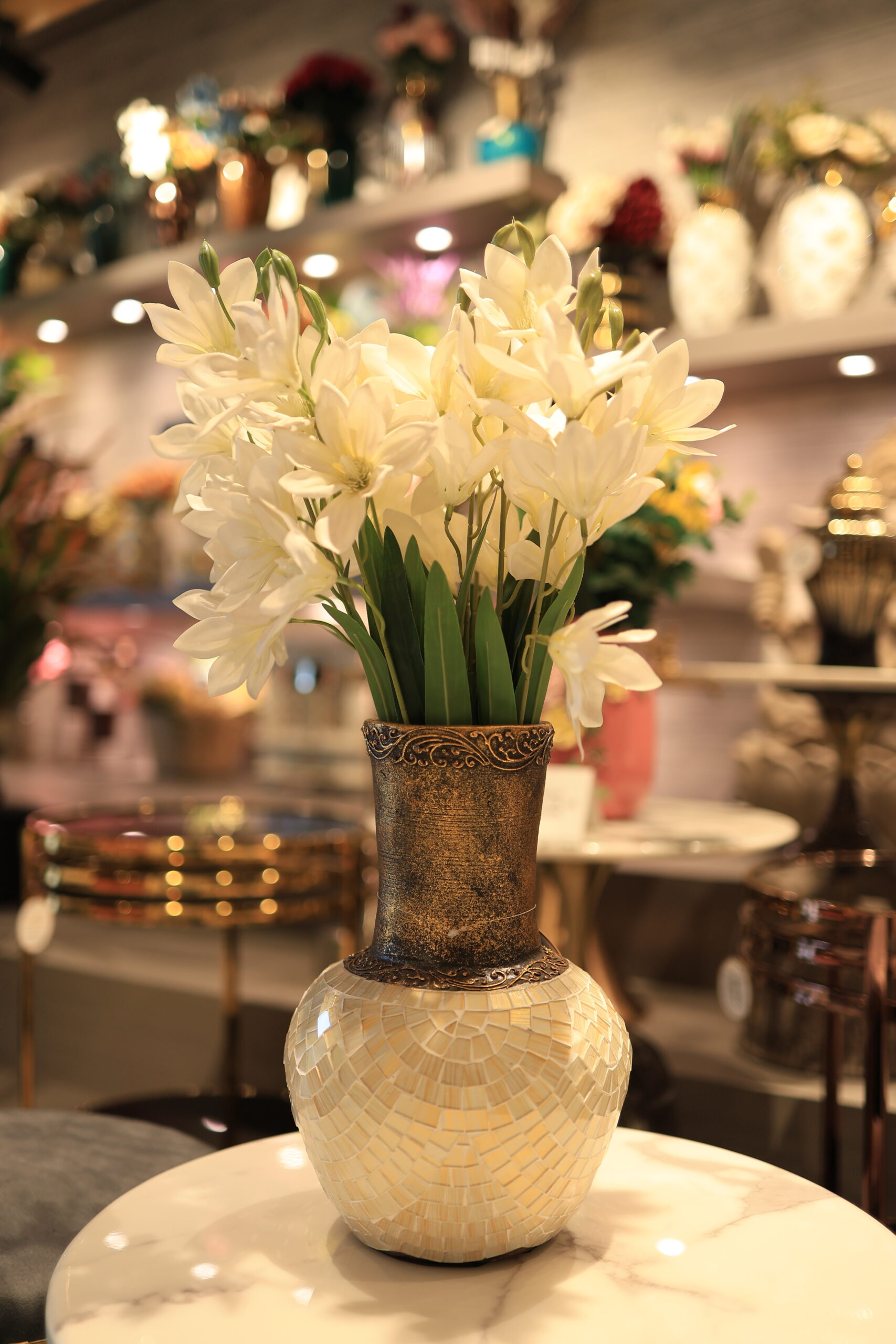 Mosaic Vase with Faux White Lilies - Rustic & Modern Floral Decor