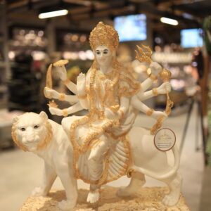 Divine Goddess Durga on Lion with Weapons - Intricate Gold & White Idol by Jain Furnishings