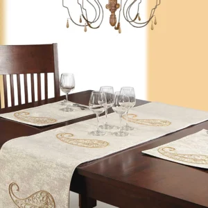 Luxurious Beige Table Runner & Placemats with Gold Paisley Embroidery